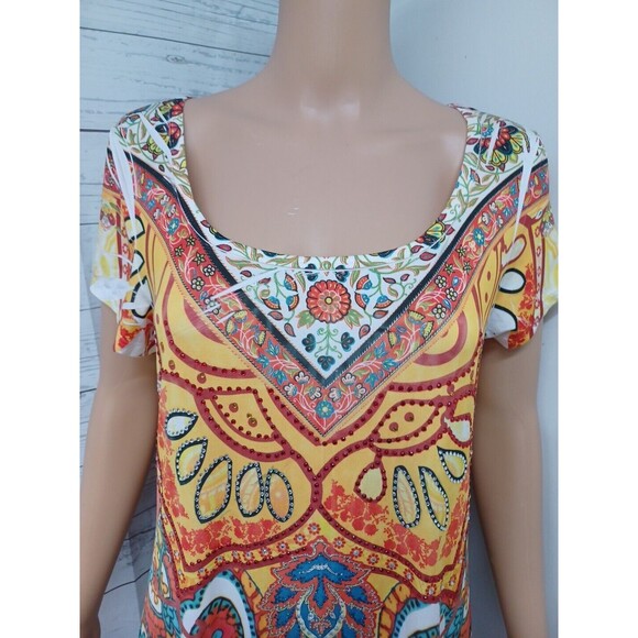 R. Roug Rhinestone Embellished Floral Paisley Top Bright Colorful Sharkbite 2X - Picture 2 of 11